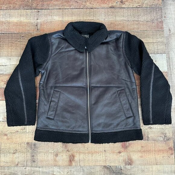 Boohoo Man black faux Leather look and borg bomber jacket men's L - Picture 1 of 7